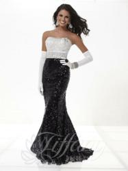 16754: Sequined dream dress sold only by authorized Tiffany Designs retailers.
